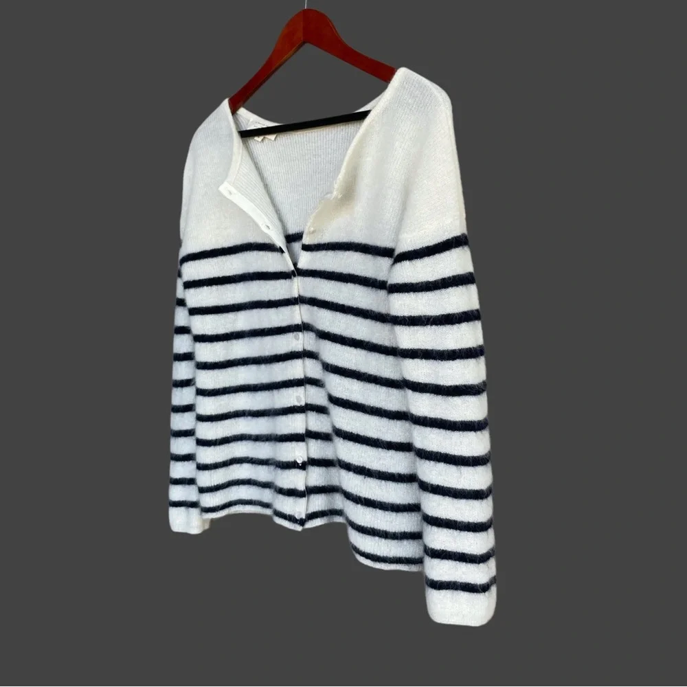SEZANE Cream Navy Striped Mohair Alpaca Wool Reversible Gaspard Cardigan Sweater - Picture 17 of 17